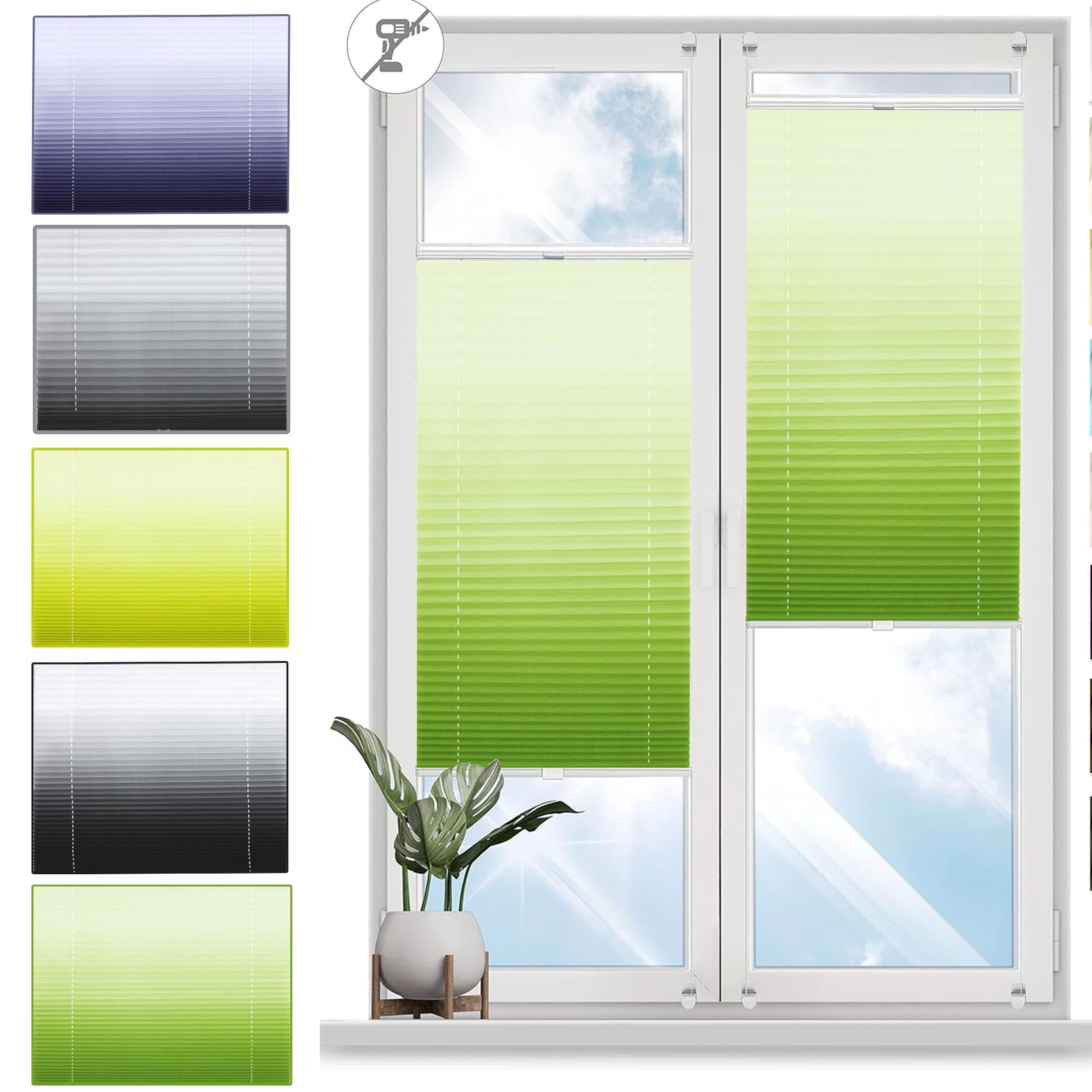 Klemmfix Plissee Ohne Bohren 35 x 130 cm Sichtschutz und Sonnenschutz plisseerollo Jalousie Faltrollo mit Klemmträger / -fix für Fenster und Tür, Grün