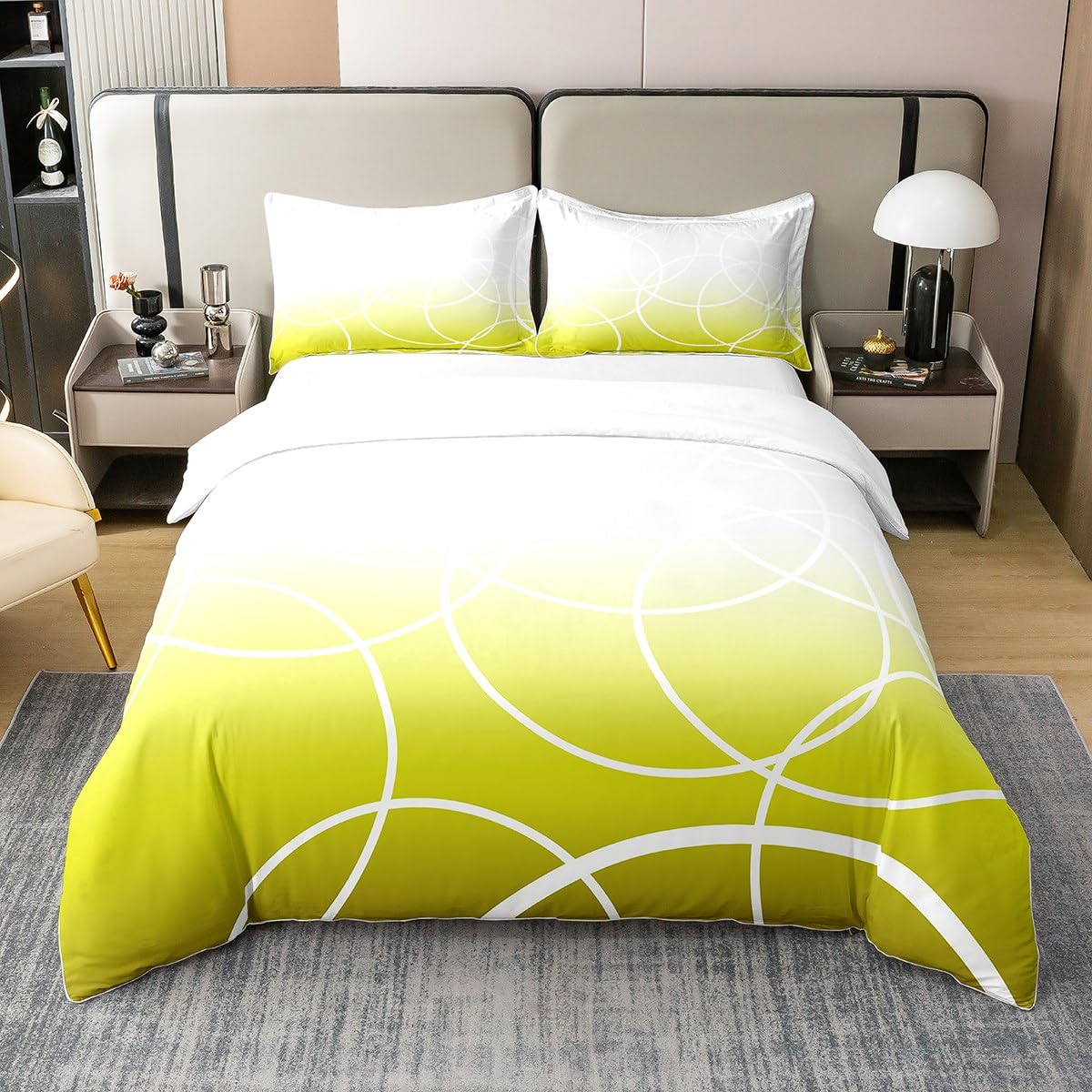 Parure de lit anneaux en dégradé de cercles ombrés abstraits gris et jaune