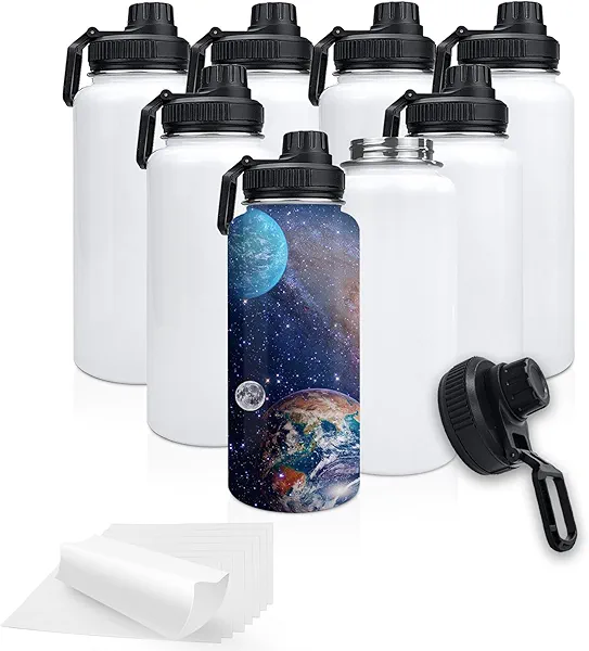 XccMe 32oz Stainless Steel Sublimation Sports Water Bottle,Insulated Thermos Mugs with Shrink Wrap Films and Wide Mouth Lid,Double Wall Vacuum Tumbler Keeps Liquids Hot or Cold (White 8 PACK)