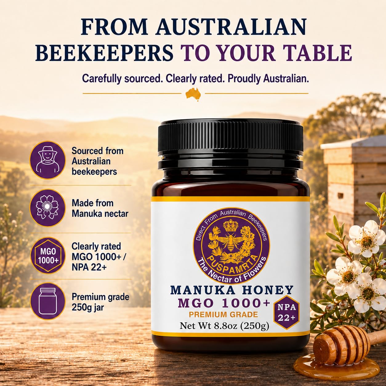 Puspamrta Australischer Manuka Rohhonig MGO 1000+ NPA 22+ 250g | MGO 1000+ NPA 22+ Australian Manuka honey, 250g jar for tea, toast, breakfast and pantry use