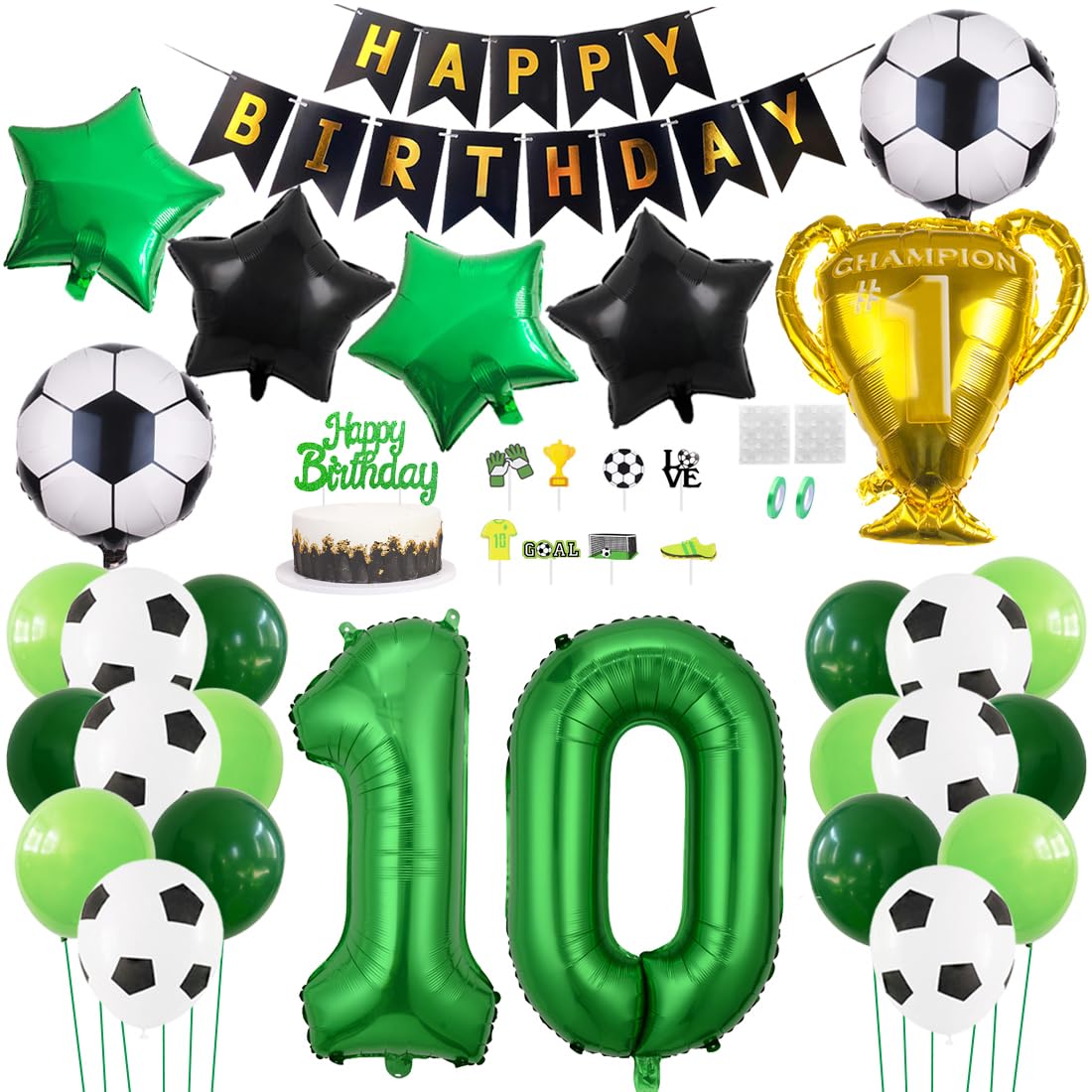 Daimay 29PCS Soccer Birthday Party Decoration Sports Theme Football Party Supplie Champion Trophy Foil Balloon 10th Happy Birthday Banner Green White