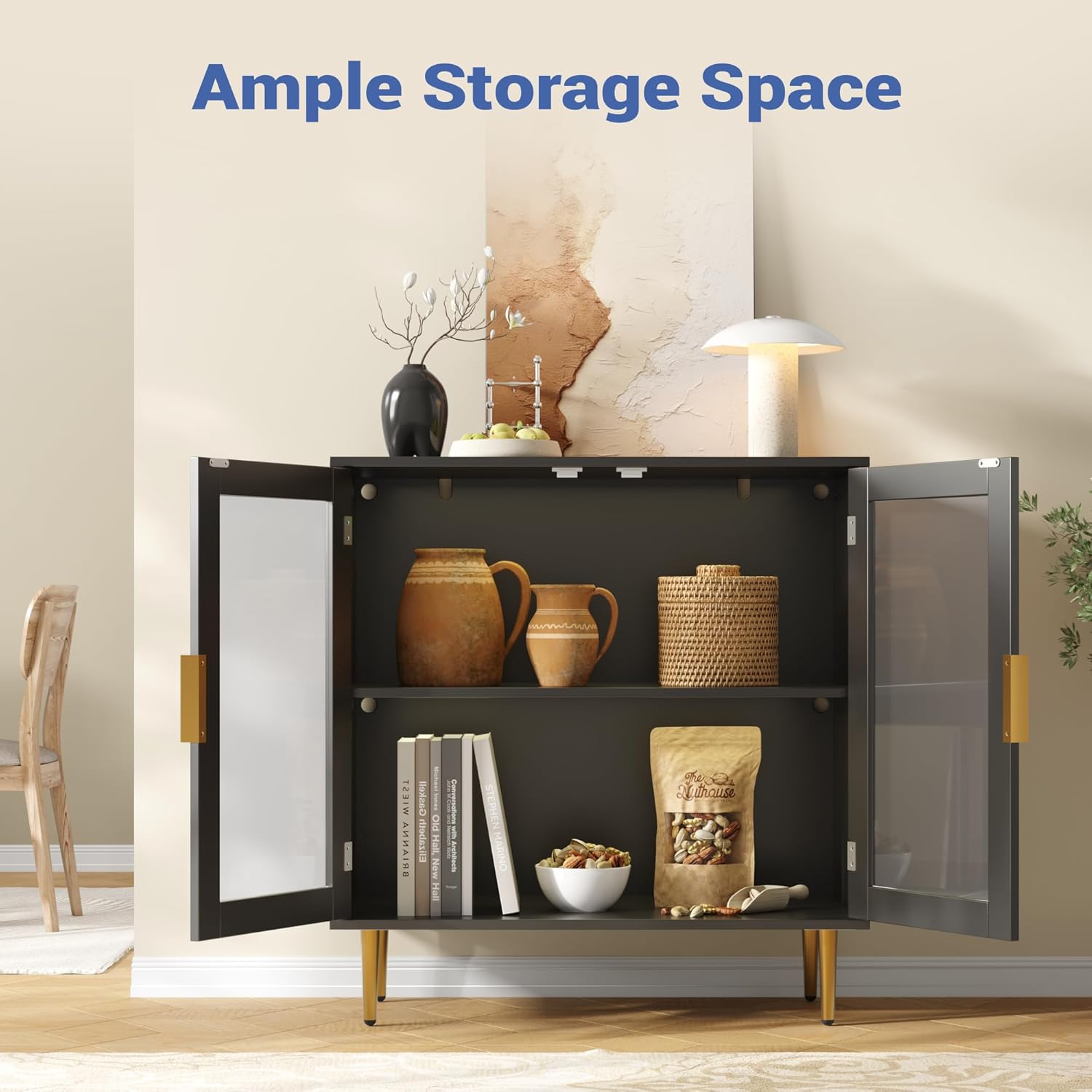 Housoul Buffet Cabinet with LED Lights, 32" Modern Acrylic Sideboard with 2 Doors, Coffee Bar with Shelf, Coffee Bar Cabinet for Living Room, Kitchen, Black