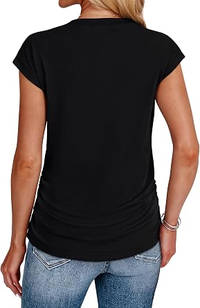 Sampeel Womens Summer Tops Trendy 2026 Ruched Cap Short Sleeve Tshirts Shirts Crew Neck T Shirts Fashion