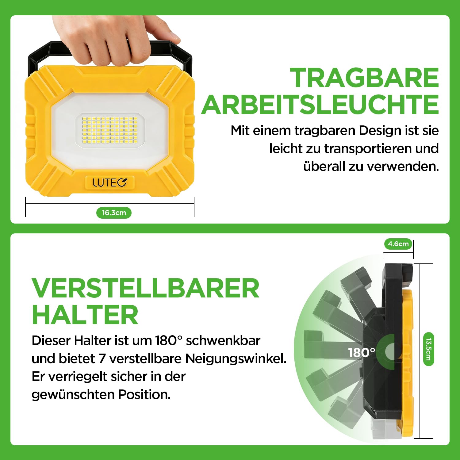 LUTEC 3500LM LED-Arbeitsleuchte, wiederaufladbare Magnet-Arbeitsleuchte mit Ständer, tragbare 5000K Flutlichtleuchte für Autoreparatur, Angeln, Camping, Notfälle, Wandern, 3 Modi (1 Stück)