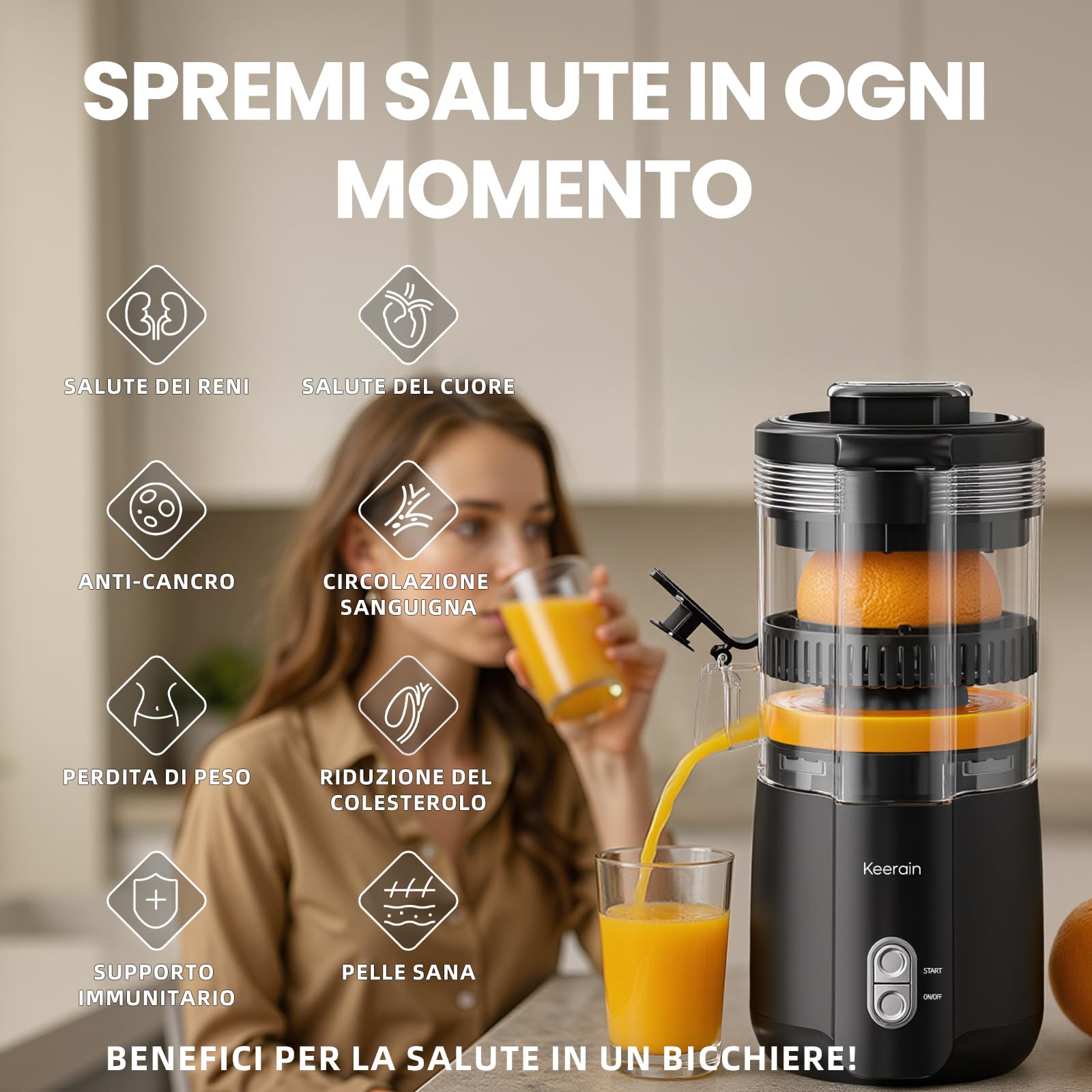 Keerain Spremiagrumi Elettrico, Spremiagrumi Professionale per Arance, Pomodori e Limoni, 100W, Spazzola e Parti Amovibili