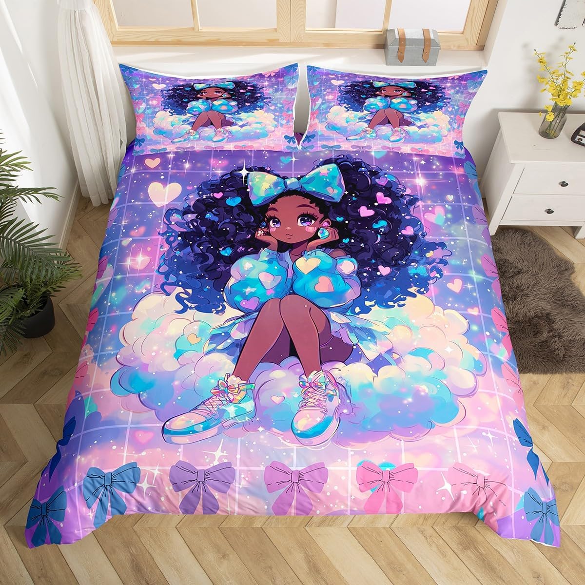 Cute Girl American Duvet Cover Twin for Kids Girls Teens,Watercolor Starry Sky 2 Pieces Duvet Cover,Cute Bowknots Princess Style Soft Comforter Cover (Not Comforter),Romantic Purple Quilt Cover