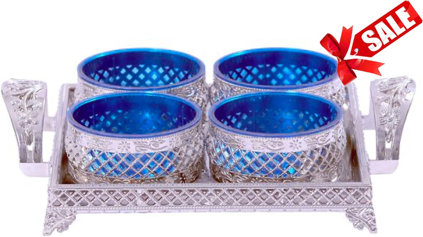 Serving Tray and Decorative Bowl Set, Indian Decorative Items For Home with Serving Tray. Unique Christmas Gift 2018. New Home/ Housewarming, Indian Gift For Wedding. Holi, Diwali [10x10][Blue]