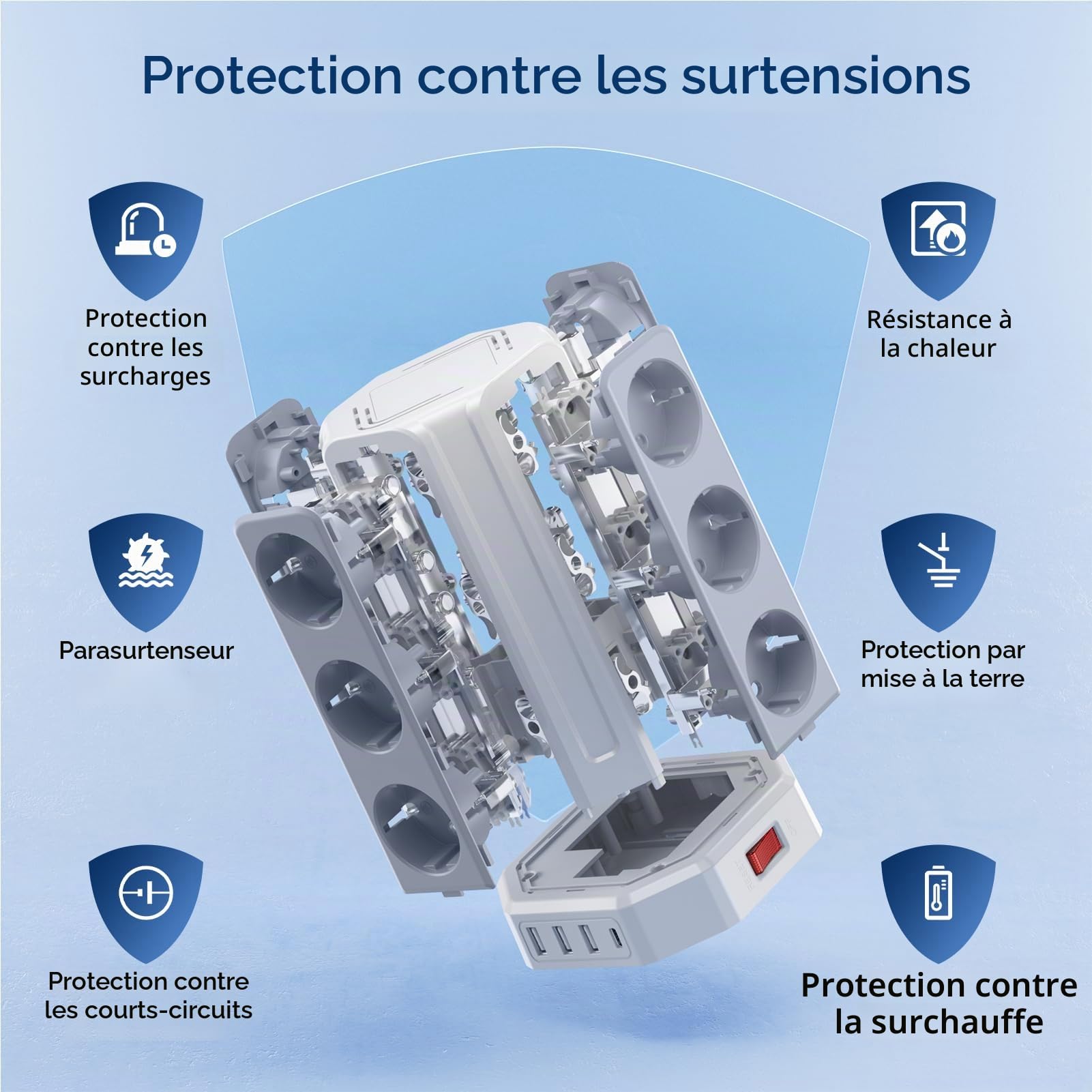 Multiprise avec Interrupteur, Tour Multiprise 12 Prises et 4 USB | 5M Rallonge Electrique 4000W Tour Multiprise pour Maison Bureau Parafoudre et Surtension