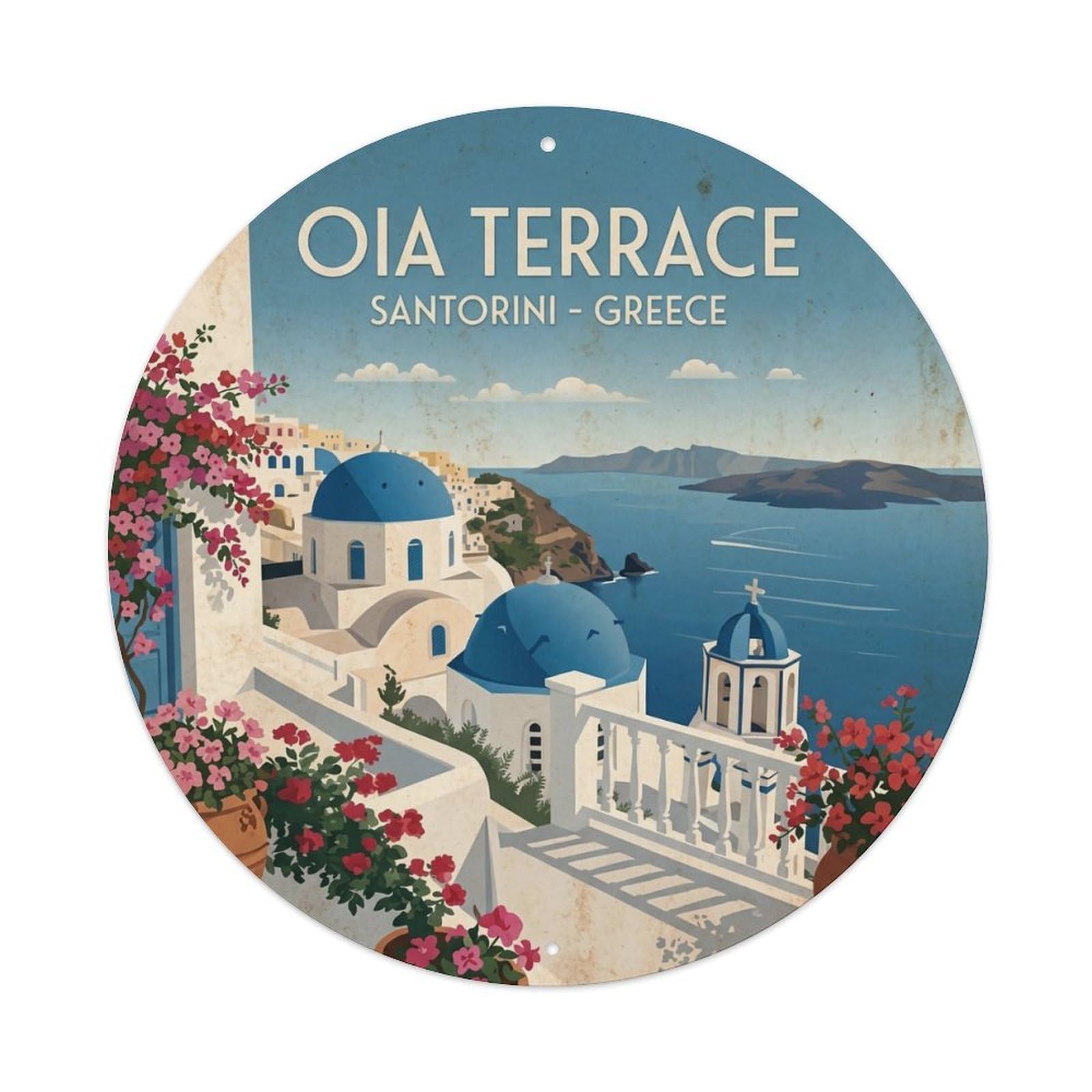 Vintage Travel Oia Santorini Terrace Metal Tin Sign