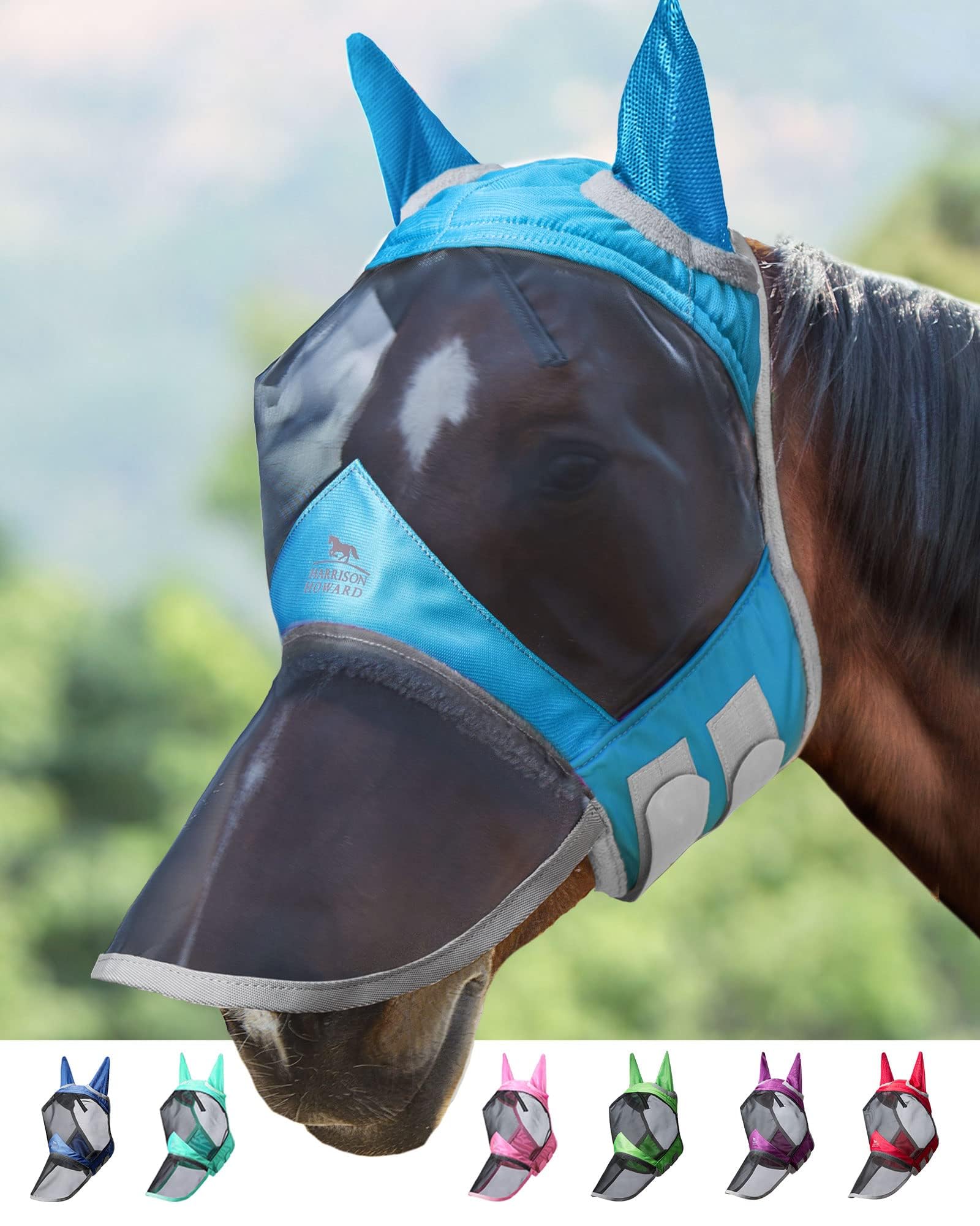 Harrison Howard CareMaster Pro Luminous Horse Fly Mask Large Eye Space Long Nose with Ears UV Protection for Horse Sky Blue S Pony