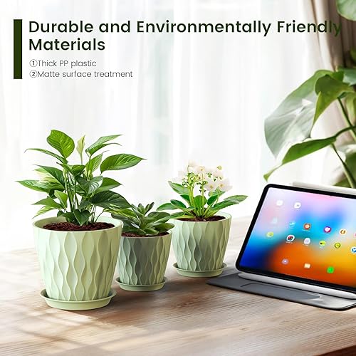 Miniatura 5 de Macetas Meowell de 76.565.554.54 pulgadas para plantas de interior y exterior, paquete de 7 macetas gruesas con agujeros de drenaje y platillos,