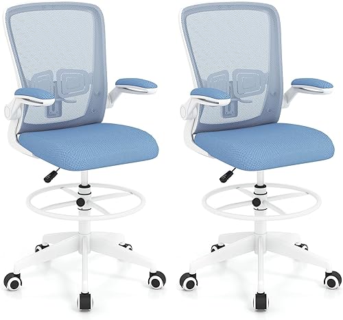 Giantex Silla ergonómica de dibujo, silla alta de oficina con reposabrazos abatibles, reposapiés, anillo ajustable en altura ajustable, silla