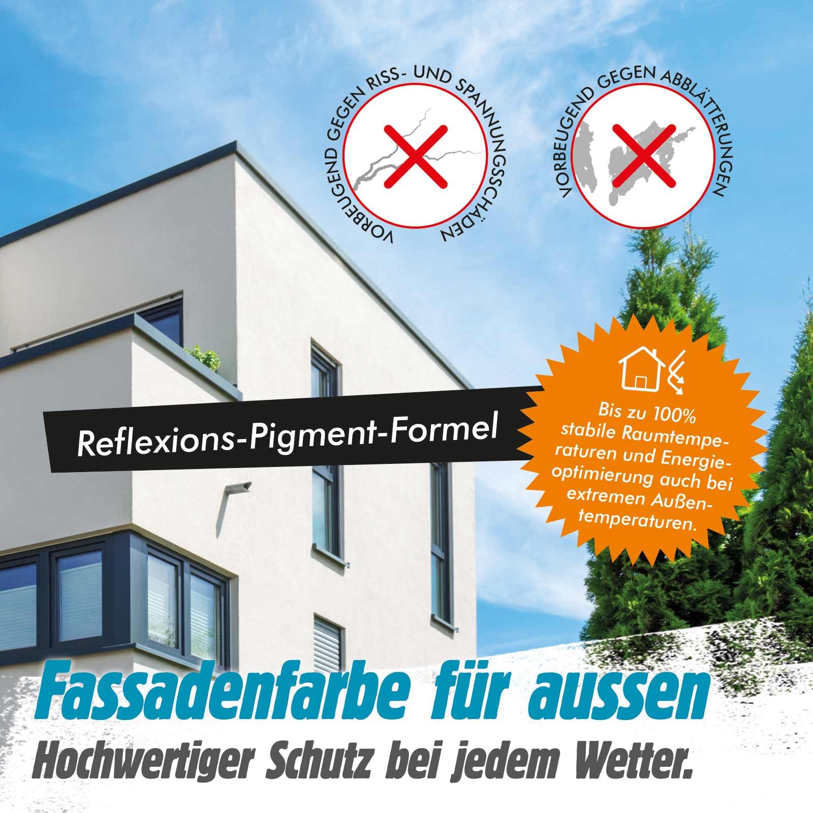 Fassadenfarbe Hybrid Sol-Silikat Premium | Silikat für außen | Direkt auf Altanstriche, Stein, Holz | Höchste Deckkraft | Weiß | 10 Liter 70-80 m2 | Riss/Abblätterungs-Schutz | UV-Witterungsstabil