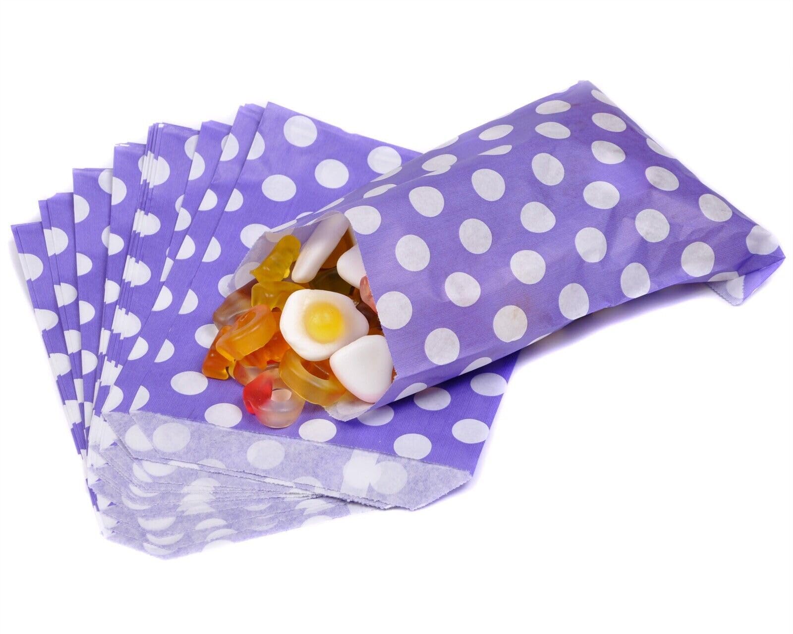 Bag It Plastics Polka Dot Paper Sweet Bags | Purple | 7" x 9" / 175x225mm | Pack of 100 | Multipurpose Use for Sweets, Popcorn, Wedding Favours, Pick and Mix & Cookies! — image 1