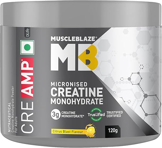 MuscleBlaze Micronised Creatine Monohydrate CreAMP Powder, Citrus Blast (30 Servings, 120g) | Trustified Certified Creatine