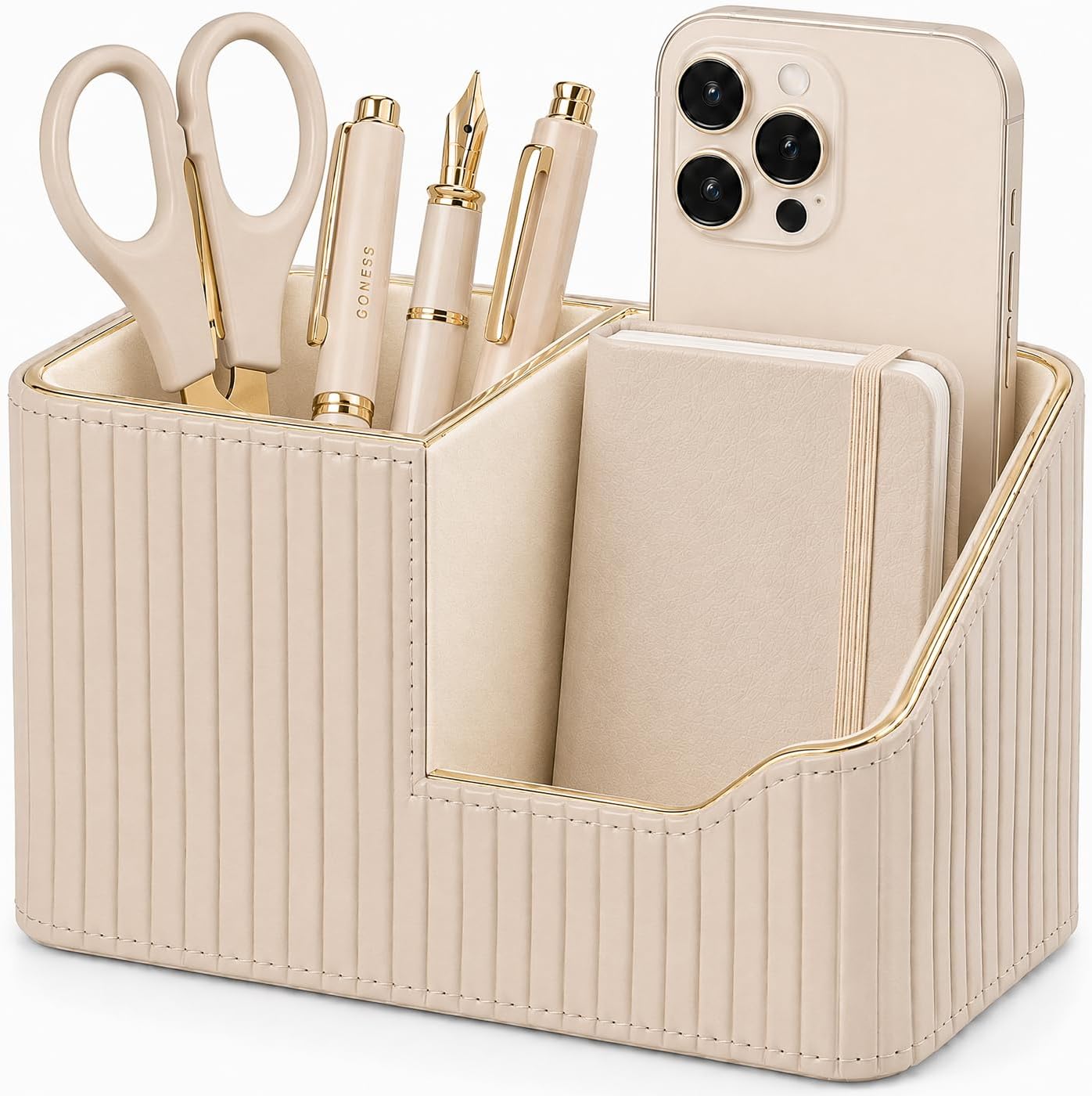 KINGFOM Luxury PU Leather Desk Organizer for Office Accessories, Aesthetic Pen Holder for Desk, Modern Desktop Storage Organizer for Women Home Office Supplies, Beige with Gold Trim