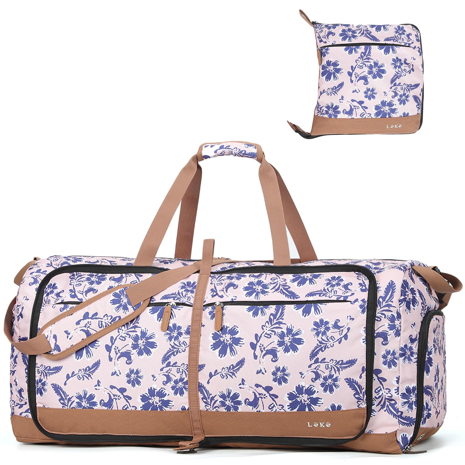 Lekesky Foldable Travel Duffle Bag for Women, Large Duffel Bag with Separate Shoes Compartments &amp; Straps, Carry On Weekend Bag for Women, Hospital, Overnight (Pink Floral Print, 80L)