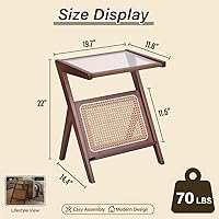Vista 3 de Tiita Rattan Side Table, Mid Century Nightstand, Bamboo Accent Bedside Tables, Glass Coffee Tables, Boho Wooden End Table with Storage for Small