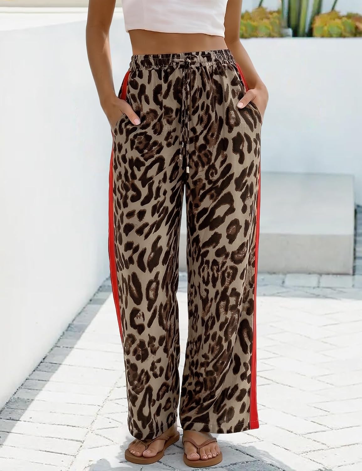 Rapbin Womens Leopard Wide Leg Pants Flowy Side Striped Palazzo Trousers image 3