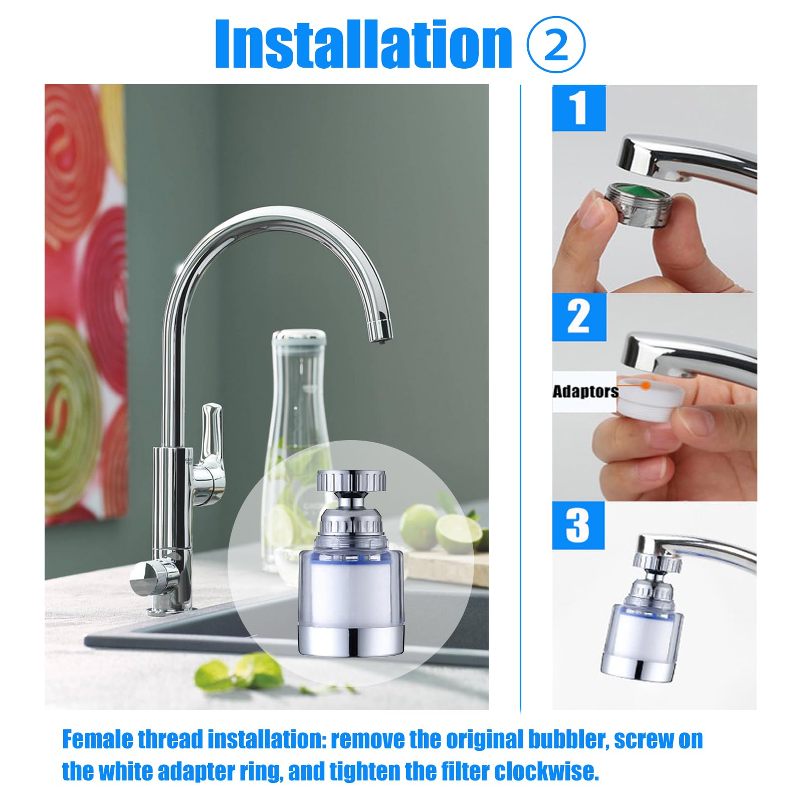 2 pezzi filtro acqua rubinetto,filtro anticalcare rubinetto cucina, con 6 pezzi di elemento filtrante in cotone PP e adattatore universale per lavello, cucina, bagno