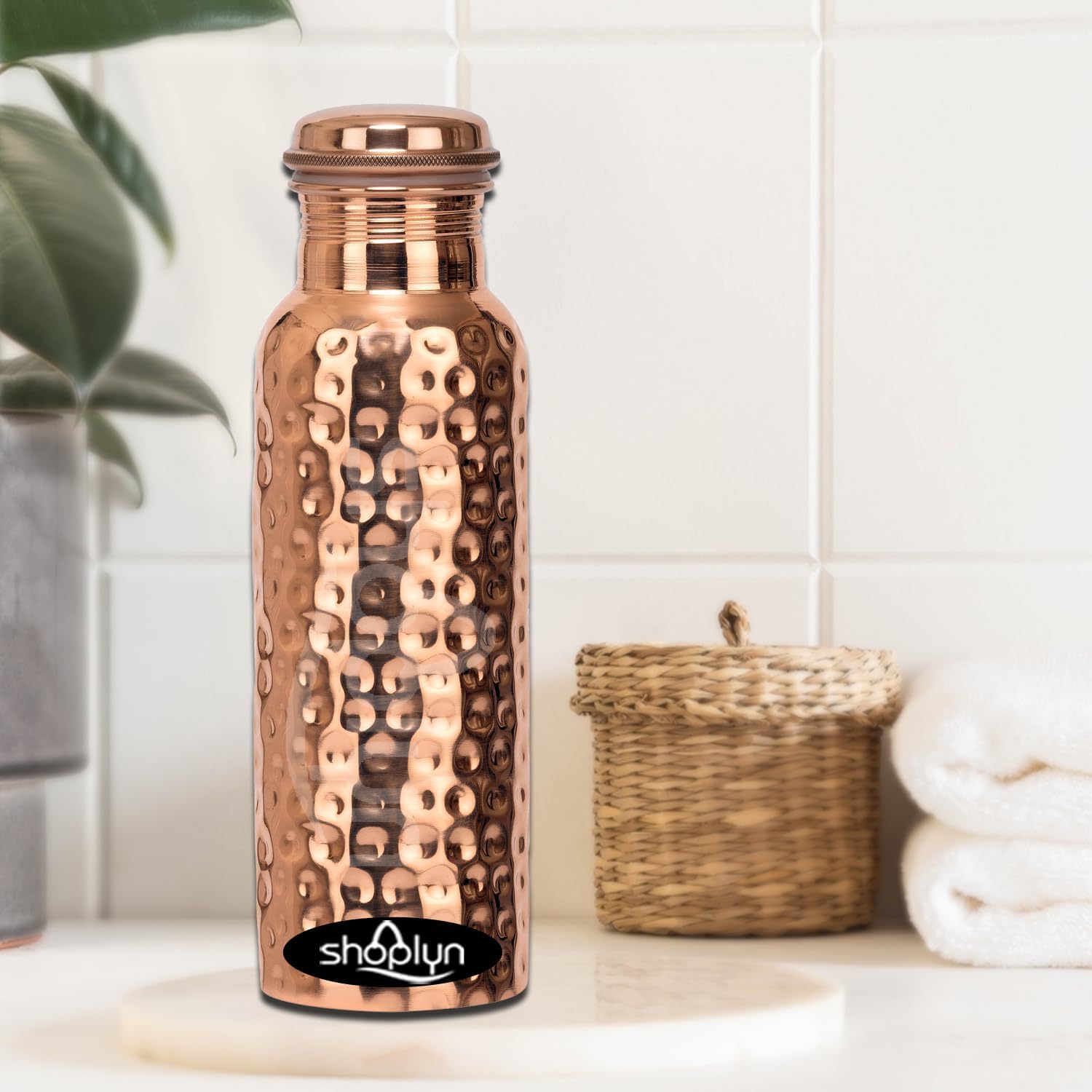 SHOPLYN Copper Water Bottle 100% Pure Ayurvedic Copper BPA Free Leak Proof, Water Flask Kitchen Accessory Fancy Hammered Bottles For Office Gym & Travel - 950ml (Pack of 1-Hammered Bottle)