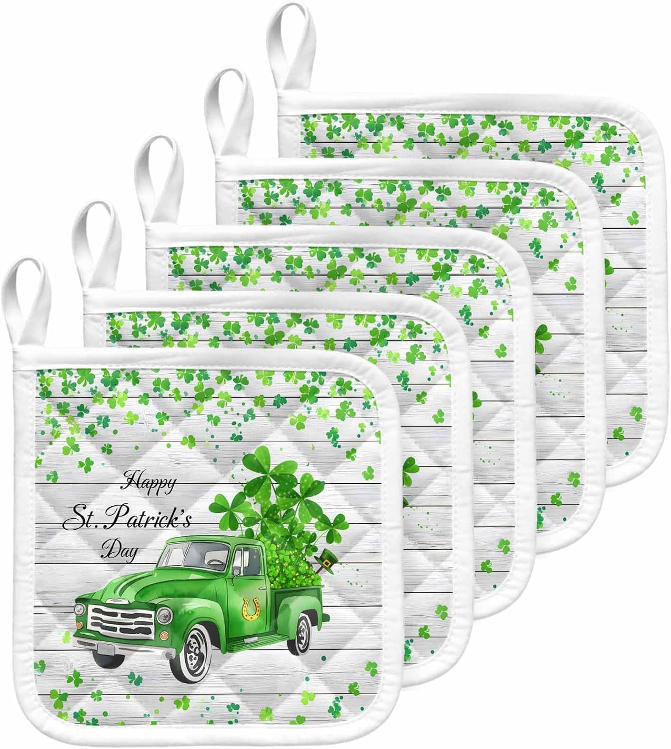 5 Pack Pot Holders for Kitchen, St. Patrick's Day Hot Pads for Kitchen Countertops Oven Pot Holder Bulk, Spring Lucky Grass Truck Gray Wood Heat Insulation Potholders with Hanging Loops