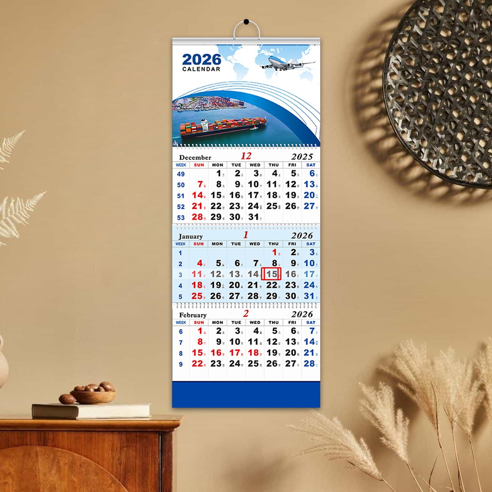3 Month View Calendar 2026, Vertical Tri-fold Wall Calendar, Large