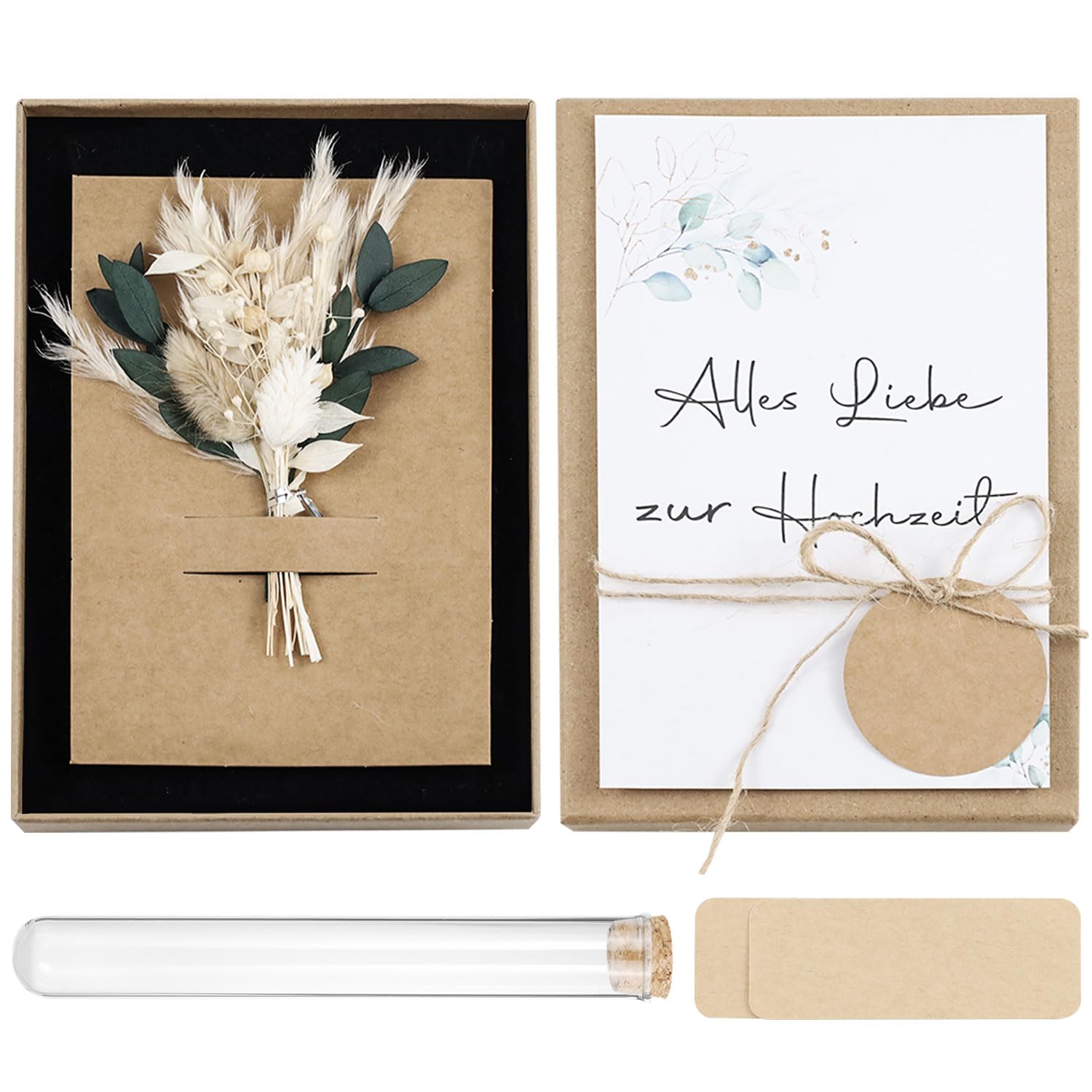 Fosoloni Geldgeschenk Hochzeit Set, hochzeitsgeschenke für brautpaar, hochzeitskarte, Geldgeschenke Hochzeit Verpackungen inklusive Getrocknete Blumen Besondere Hochzeitskarte Reagenzglas