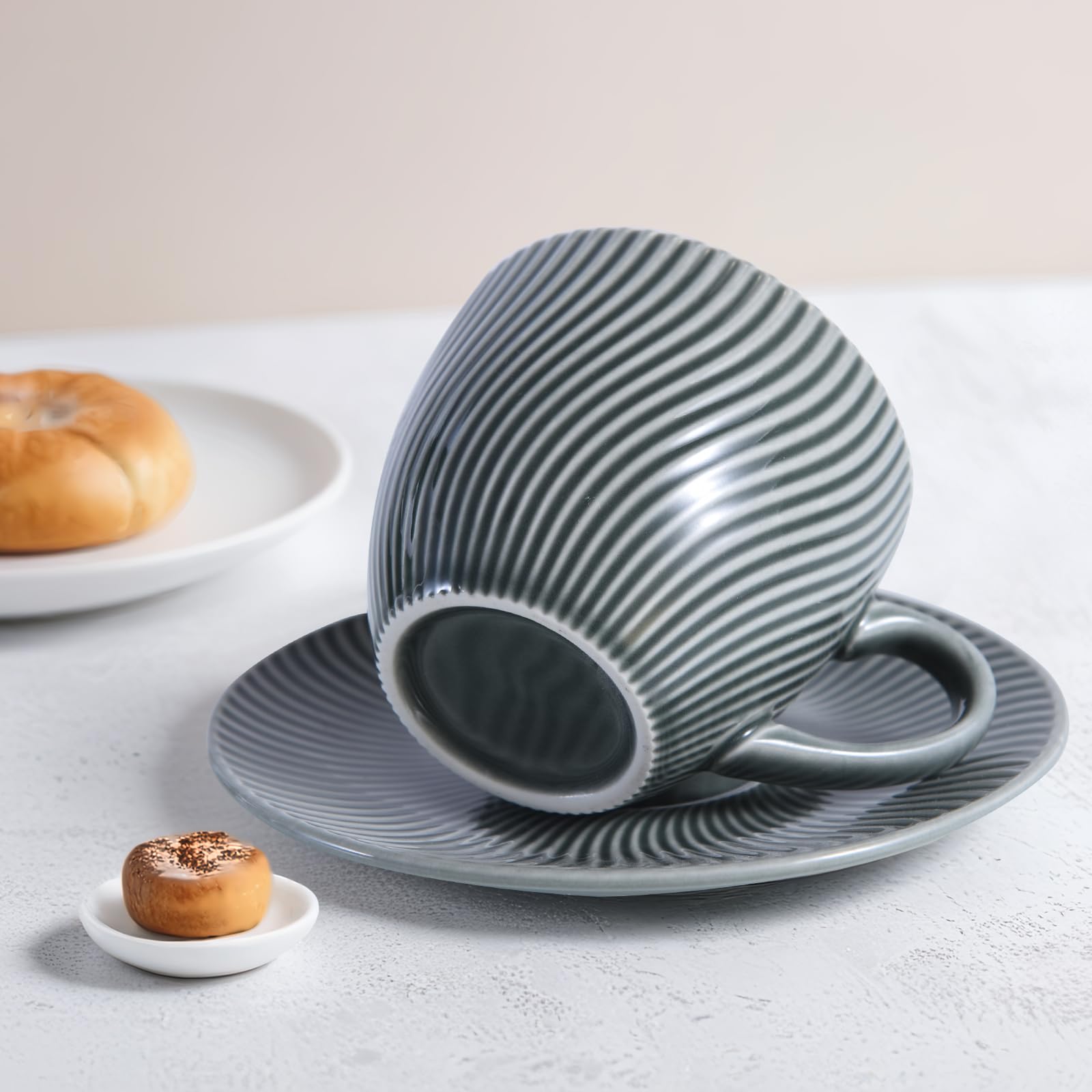 Lot De 4 Tasses à Café Et Soucoupes En Céramique 250 Ml - Couleurs Assorties Rayées - Pour Expresso, Thé, Cappuccino - Cadeau Maison - 11