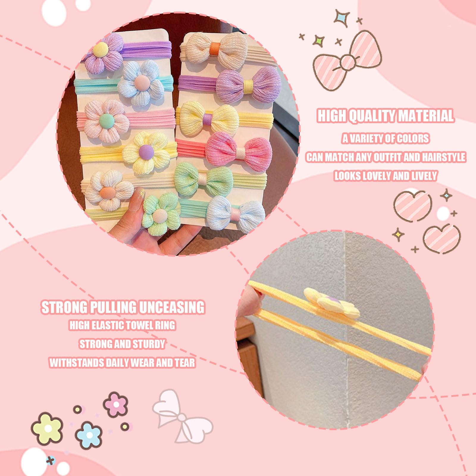 Kids Hair Bands,12PCS Seamless Bows and Flowers Toddler Elastic Hair Bobbles,Ponytail Holder Girls Hair Accessories for Baby Girls Infants Kids Children (Colorful Bow and Flower) - Image 4