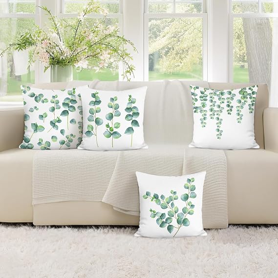 Bonhause Eucalyptus Leaves Cushion Covers 45 x 45 cm Sage Green Leaf Plants Spring Decorative Throw Pillow Covers for Sofa Bed Patio Home Garden Decor Set of 4