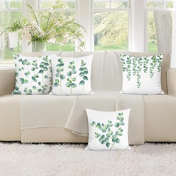 Bonhause Eucalyptus Leaves Cushion Covers 45 x 45 cm Sage Green Leaf Plants Spring Decorative Throw Pillow Covers for Sofa Bed Patio Home Garden Decor Set of 4
