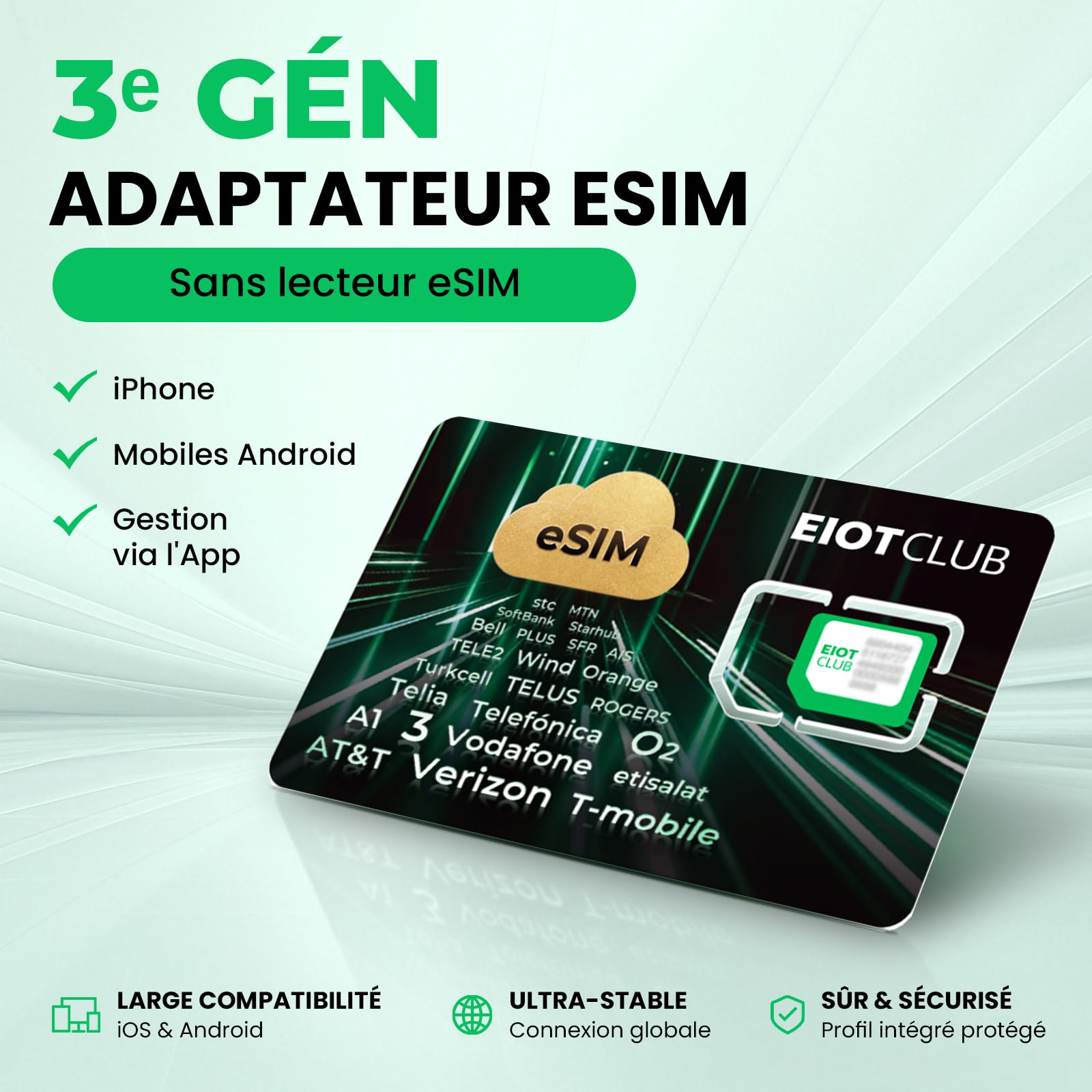 EIOTCLUB V3 Adaptateur eSIM pour iPhone/Android, sans Lecteur, 15Go Données
