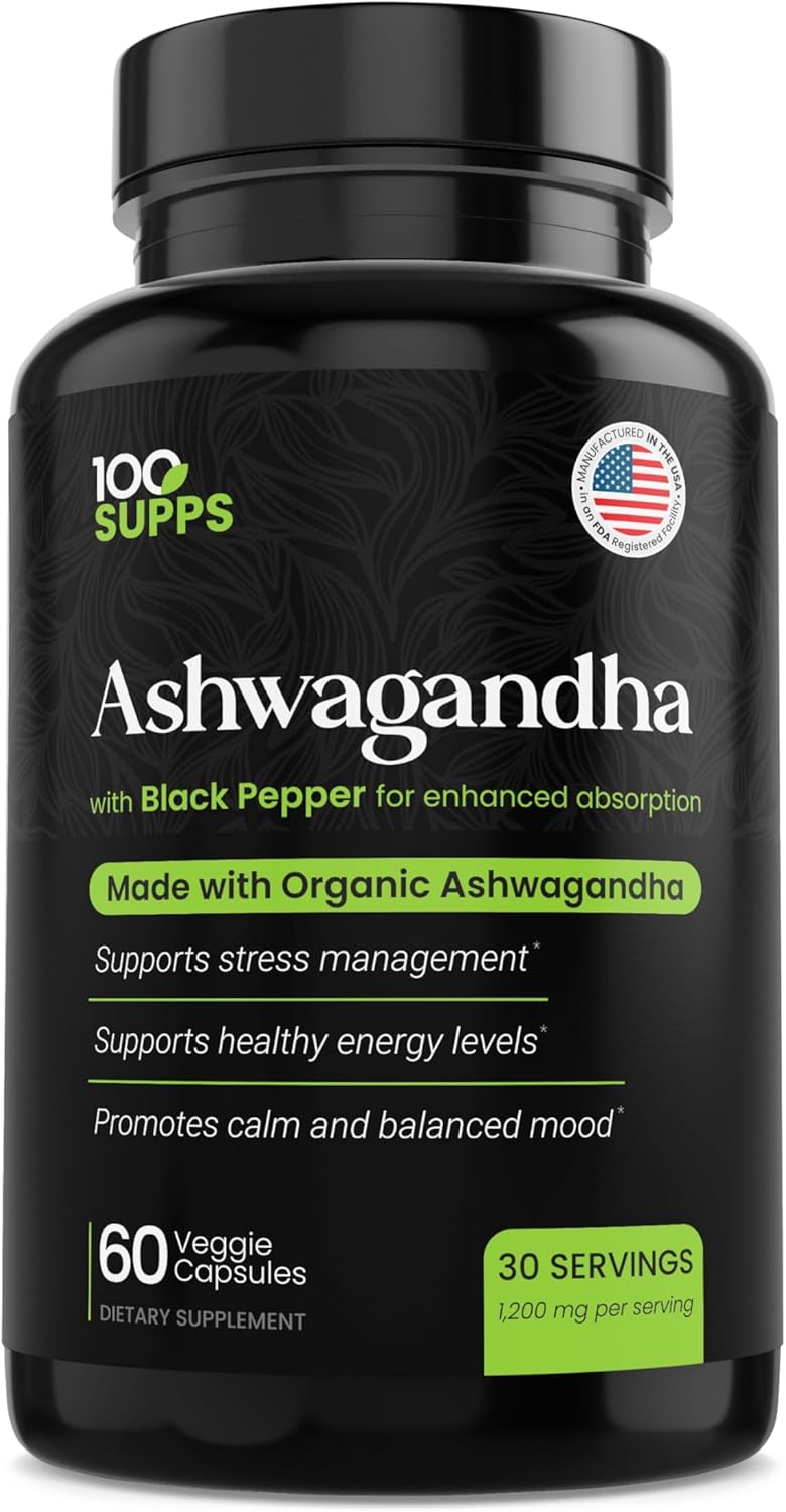 Ashwagandha Capsules with Black Pepper Extract 4:1 (10mg), Made with Organic Ashwagandha Powder, 1200mg per Serving, 60 Veggie Capsules (30-Day Supply), Gluten Free, Manufactured in USA