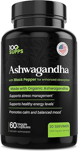 Cápsulas de Ashwagandha con extracto de pimienta negra 4:1 (10 mg), hechas con polvo de Ashwagandha orgánico, 1200 mg por porción, 60 cápsulas