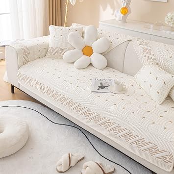 Farmhouse Cotton Quilted Sofa Cover Weave Pattern Embroidery Sectional Couch Cover Soft Nonslip Sofa Slipcover Furniture Protector Cover for Pets Kids Children Dog Cat Ivory,28"x70"