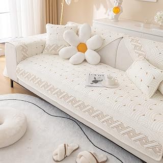 Farmhouse Cotton Quilted Sofa Cover Weave Pattern Embroidery Sectional Couch Cover Soft Nonslip Sofa Slipcover Furniture Protector Cover for Pets Kids Children Dog Cat (Ivory,28"x28")