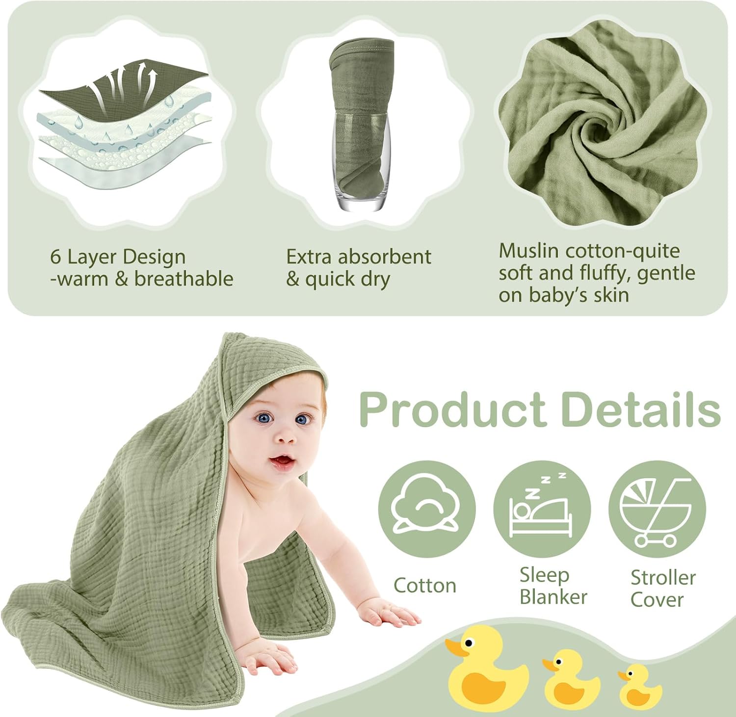 Peryiter 4 Pcs Muslin Hooded Baby Towels, 32"x 32" Cotton Newborn Bath Towel Muslin Infant Baby Blankets Absorbent Unisex Newborn Registry Gift Essentials for Girls Boys (Green,Gray,Beige)