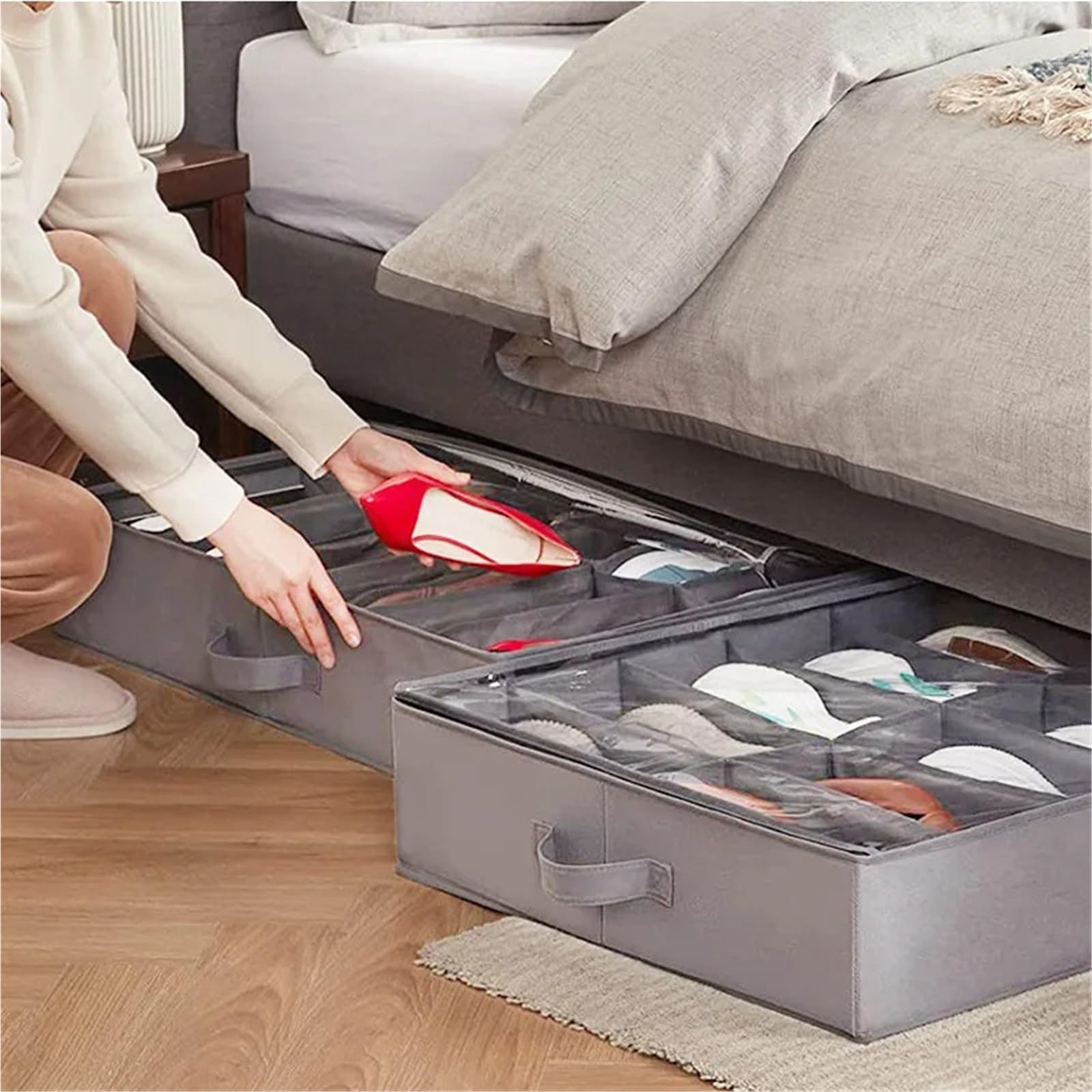 Organizzatore Di Scarpe Sotto Il Letto Scatola portaoggetti sottoletto con 12 griglie, scatola portaoggetti pieghevole trasparente, scatola portascarpe con scomparto in tessuto Per Risparmiare Spazio(