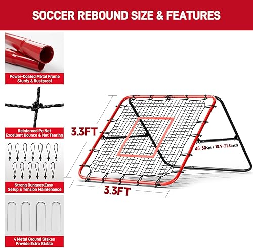 Miniatura 8 de Rebote de fútbol - Entrenador de rebote de 3.3 x 3.3 pies para fútbol, red de rebote ajustable en ángulo para pasar, disparar, ejercicios de
