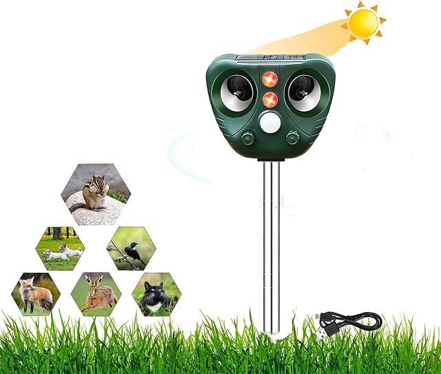Cat Repellant Garden, Ultrasonic Fox Repellent, Ultrasonic Solar Outdoor Animal Repeller, 5 Modes, Infrared Sensor, Waterproof USB Powered