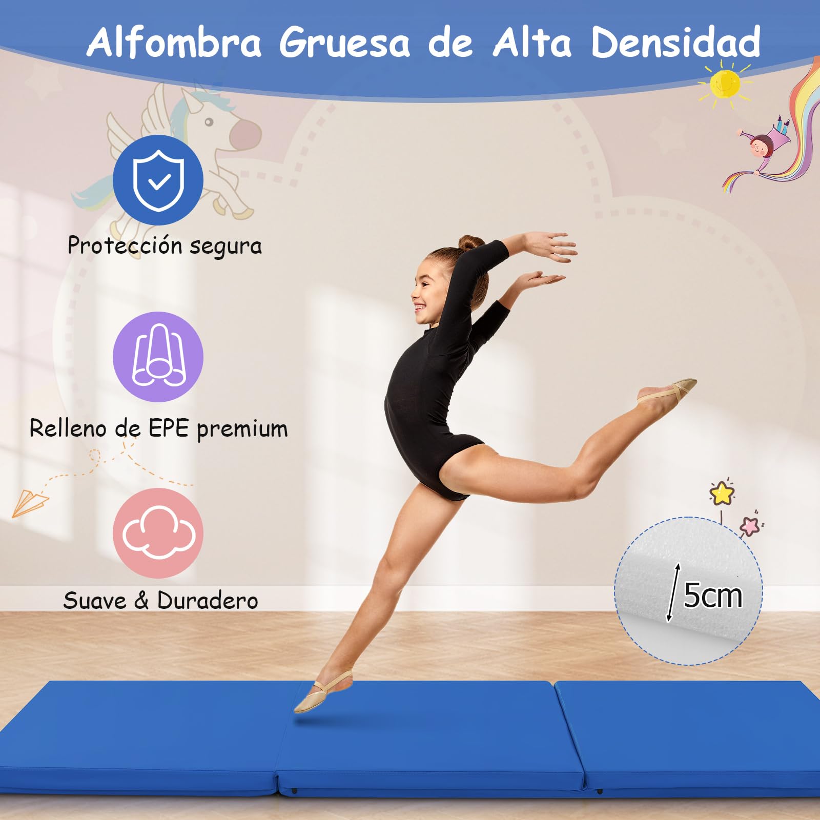 COSTWAY 180 x 60 x 5 cm Colchoneta de Gimnasia Plegable, Esterilla de Gimnasia con Superficie Impermeable y Algodon Perlado, Estera Suave de Yoga con 2 Asas para Niños Adultos (Oscuro Azul)