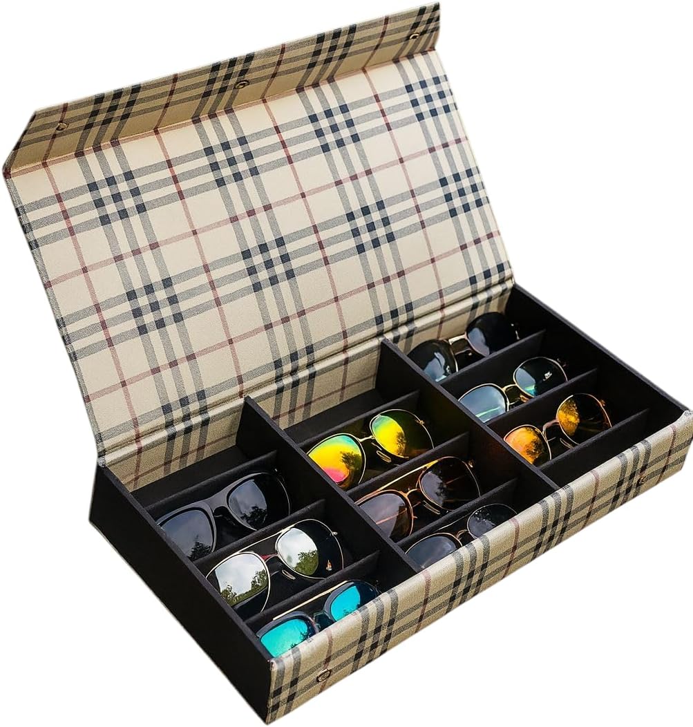 Plaid Pattern Sunglasses,Eyewear and Goggles Storage Box, 12 Slots Display Case Organizer, Classic Check Design, Beige and Black Interior