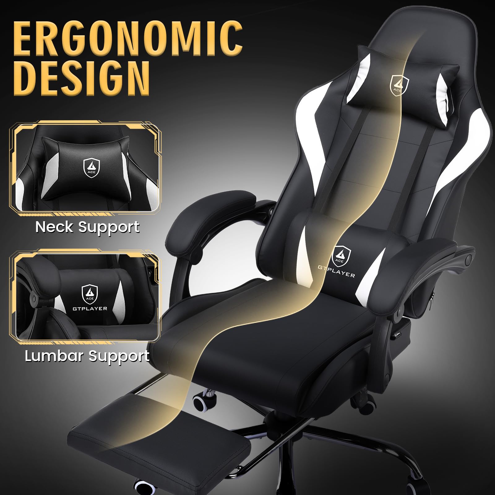 GTPLAYER, Silla de gaming, silla de oficina con soporte lumbar de masaje, reposacabezas ajustable, reposapiés ergonómico, reposabrazos de conexión y reposapiés, 150 kg, color negro
