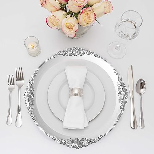 Miniatura 4 de Simply Elegant Plato cargador de plástico con borde de filigrana  Placa de servicio para fiestas, cenas, bodas, quinceañeras y eventos, 13 pulgadas
