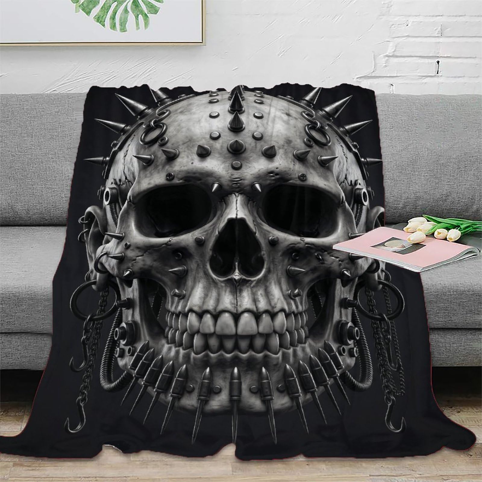 W7C8U2X3 Black Punk Metal Skull Throw Blanket, Flannel, Gothic Fantasy Art