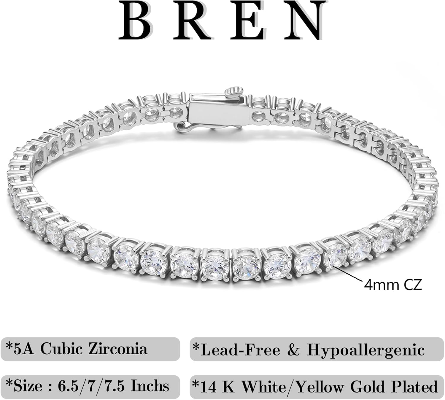 BREN 14K Gold/White Gold Plated Cubic Zirconia Tennis Bracelet for Women, 3/4 mm CZ Bracelets, Dainty Charms Jewelry Gift, Size 6.5-7.5 Inch - Image 3
