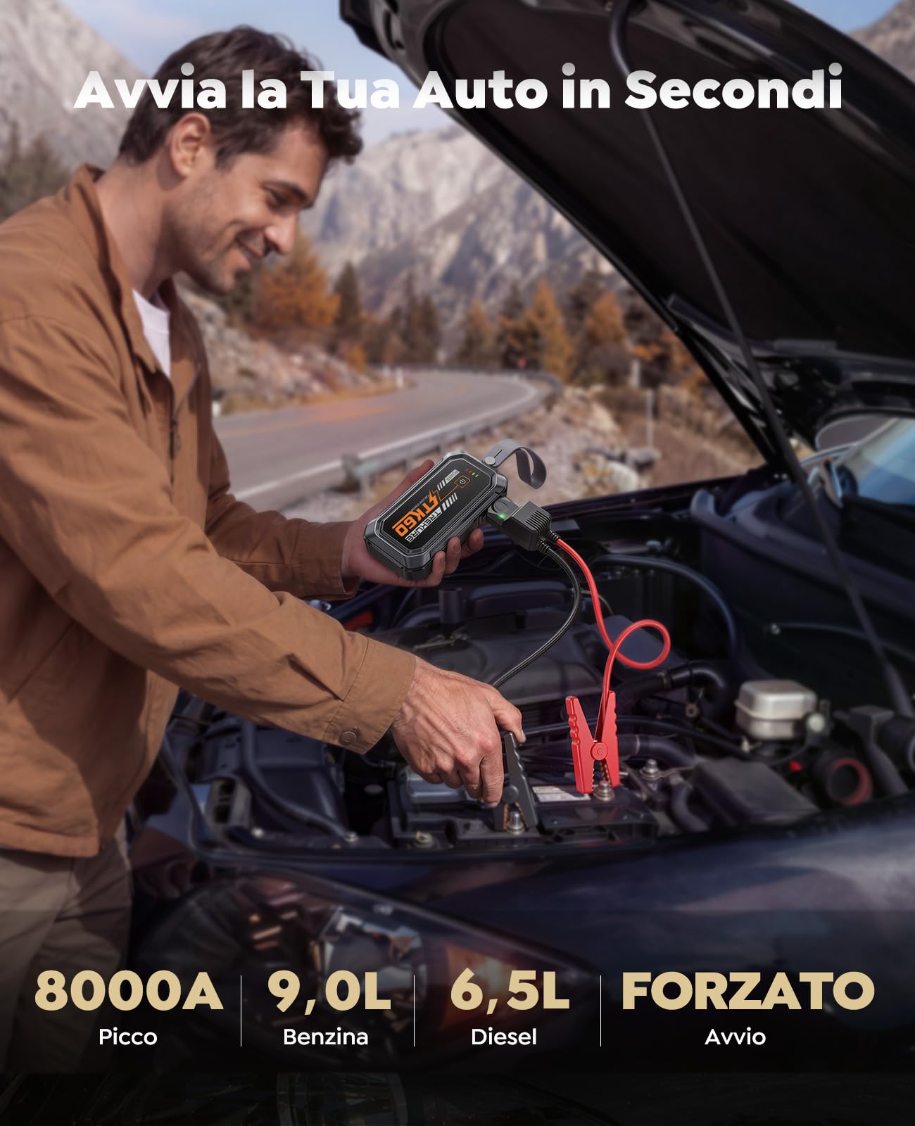 TREKURE Avviatore Batteria Auto, 8000A Avviatore di Emergenza per Auto/Moto (9.0L Benzina / 6.5L Diesel), Booster Avviamento Auto con Luce LED da 2000 Lumen (4 Modi), Morsetti Intelligenti e Cavo USB