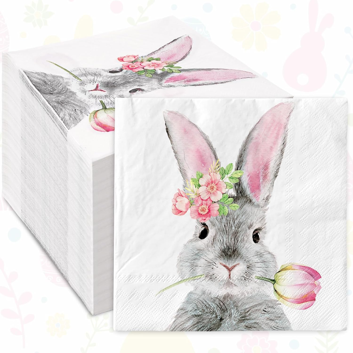 AnyDesign 80 Pack Easter Paper Napkins Watercolor Bunny Tulip Disposable Napkins