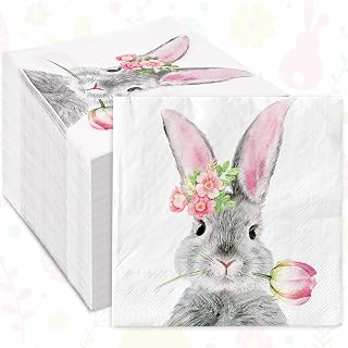 80 Pack Easter Paper Napkins Watercolor Bunny Tulip Disposable Napkins Spring Floral Rabbit Luncheon Napkins for Birthday Wedding Party Supplies Table Decor, 6.5 x 6.5 Inch